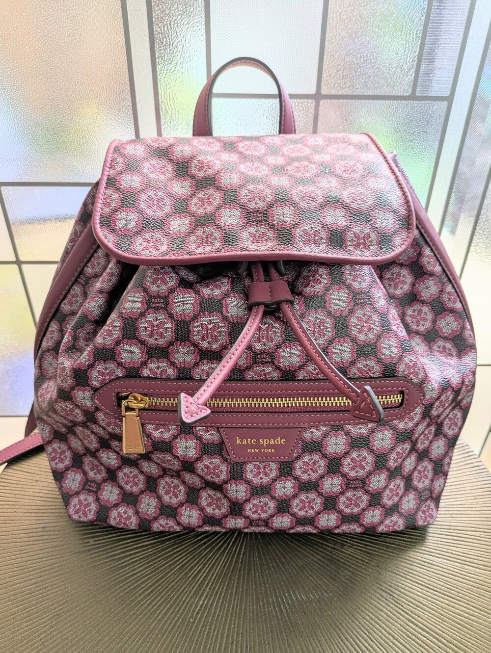 Kate Spade Flower Monogram Mia Flap Backpack NWOT Garnet Rose K9028